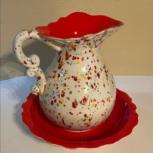 Signed Decorative Red & Multicolor Speckled Ceramic Pitcher Set.